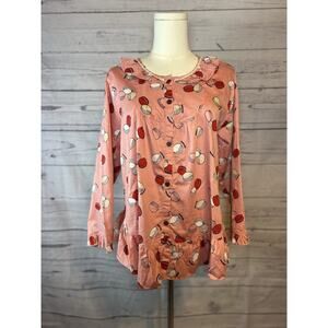 Coquette Pink Macaron Print Ruffle Hem Button-Up Blouse Cotton Korea